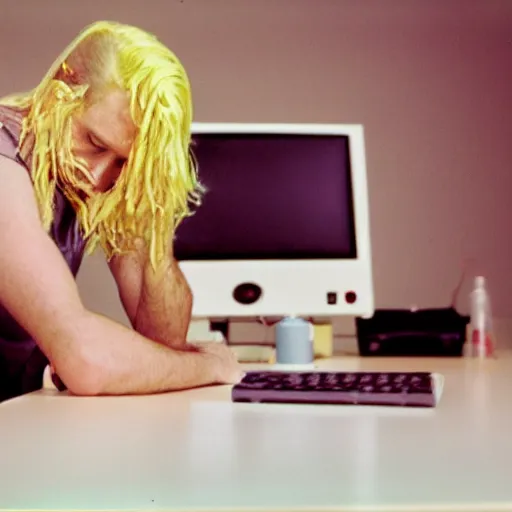 Image similar to kodak portra 4 0 0 photograph of a skinny blonde guy sitting at a 9 0 s computer screen, messy desk, back view, moody lighting, telephoto, 9 0 s vibe, blurry background, vaporwave colors!, faded!,