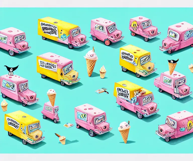 Prompt: cute and funny, penguin riding in a tiny ice cream truck, ratfink style by ed roth, centered award winning watercolor pen illustration, isometric illustration by chihiro iwasaki, edited by range murata, tiny details by artgerm and watercolor girl, symmetrically isometrically centered, sharply focused