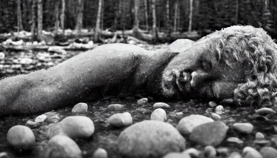 Image similar to 1 9 6 0 s movie still close up of marcus aurelius frozen to death in a river with gravel and pebbles, pine forests, cinestill 8 0 0 t 3 5 mm b & w, high quality, heavy grain, high detail, texture, dramatic light, anamorphic, hyperrealistic, foggy