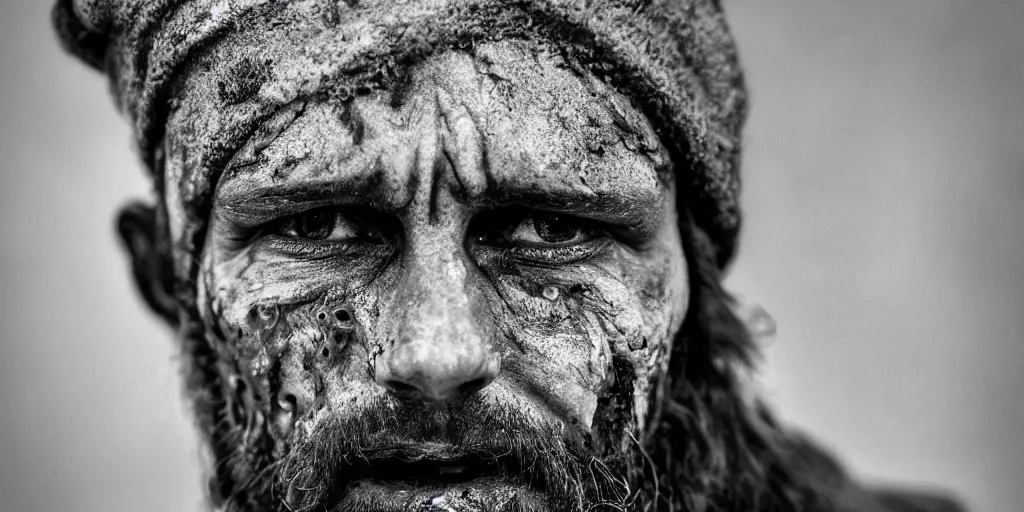 Prompt: old alpine famer face, scars, smeared with oil and dust, sad face expression, dark, looking in camera, black and white, crying, missing teeth, beard, little hair dolomites dark eerie despair portrait photography artstation digital art adward winning