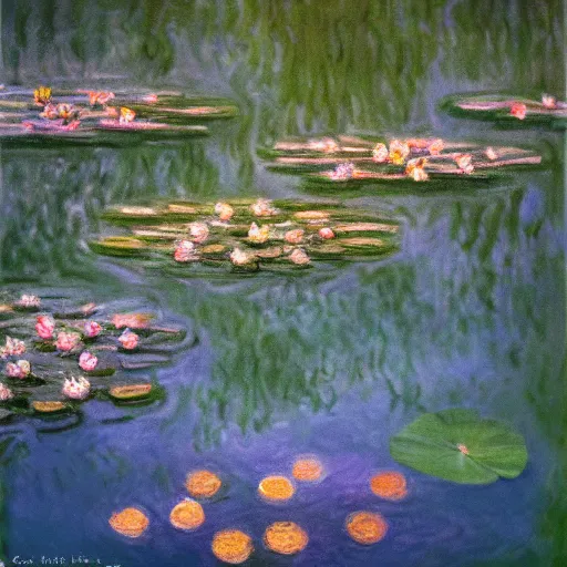 Image similar to at dusk ， water lilies in the pond, by claude monet, dramatic, impressionism, cinematic, reflection, light effect, 8 k hd detail, rendered in octane,