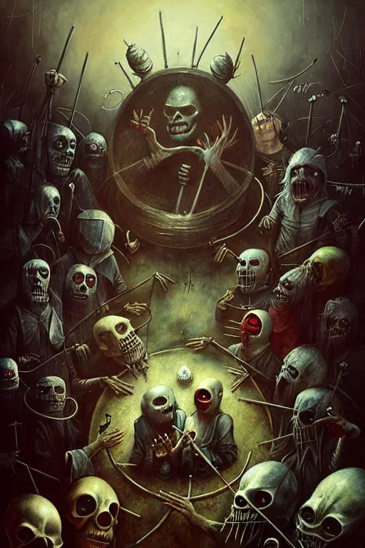 Image similar to hieronymus bosch, greg rutkowski, anna podedworna, painting of slipknot the band