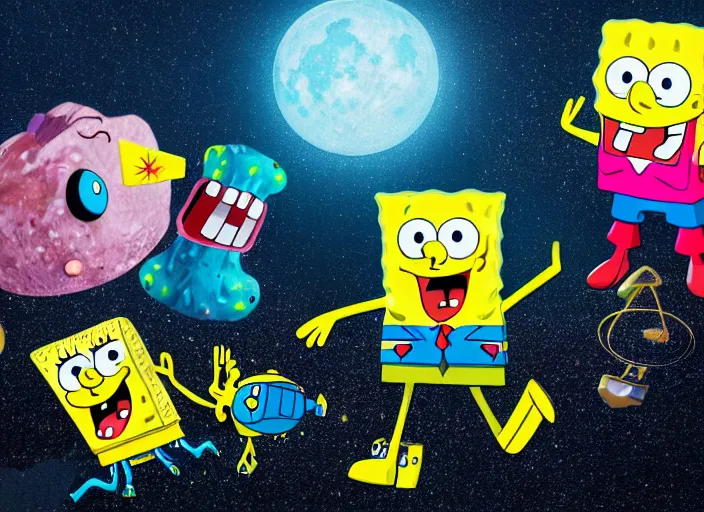 Image similar to spongebob squarepants on the surface of the moon, 8 k, bright ambient lighting key light, 8 5 mm f 1. 8