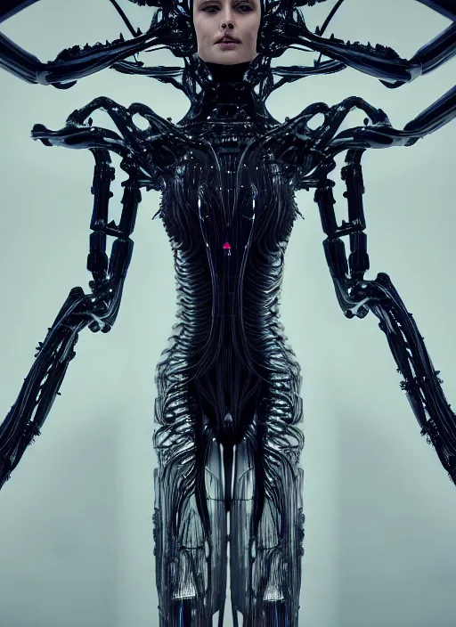 Image similar to catwalk, forest, iris van herpen gothic inflateble dark dress, perfect symmetrical body, helmet on face, full body shot, inflateble shapes, wires, tubes, veins, jellyfish, white biomechanical details, wearing epic bionic cyborg implants, masterpiece, intricate, biopunk, vogue, highly detailed, artstation, concept art, cyberpunk, octane render