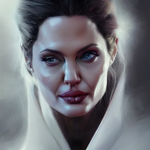 Image similar to Angelina Jolie as Lucifer Morningstar, highly detailed, digital painting, artstation, concept art, smooth, sharp focus, illustration, ArtStation, art by Katsuhiro Otomo and Tom Bagshaw