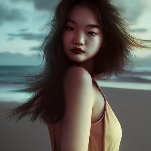 Image similar to a photorealistic hyperrealistic, jade hsu, girl on the beach, beautiful dynamic dramatic low - light moody lighting, cinematic atmosphere, artstation, concept design art, octane render, 8 k