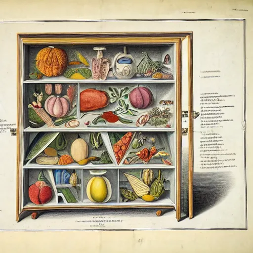 Image similar to anatomical diagram of a refrigerator, by maria sibylla merian