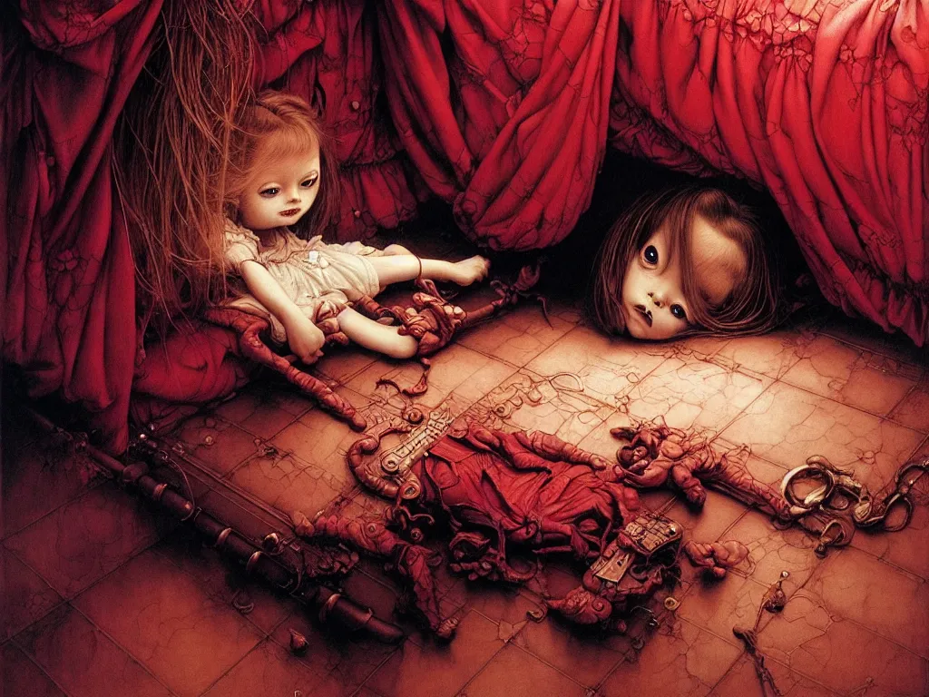 Prompt: realistic detailed image of a little girl looking under the bed in a girlish room. a demon-monster is hiding under the bed in the shadow. by Ayami Kojima, Amano, Karol Bak, Greg Hildebrandt, and Mark Brooks, Neo-Gothic, gothic, rich deep colors. Beksinski painting, part by Adrian Ghenie and Gerhard Richter. art by Takato Yamamoto. masterpiece