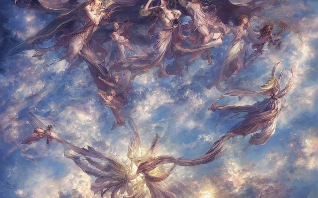Prompt: vision of angels - a painting of a single angel flying in the sky, surrounded by a group of angels by marc simonetti and yoshitaka amano, style of avant - garde