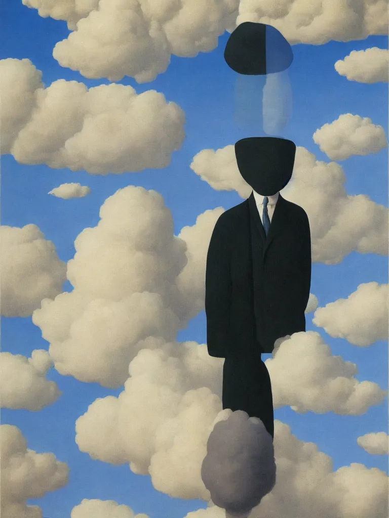 Image similar to portrait of cloud man by rene magritte, detailed painting, hd, hq, high resolution, high detail, 4 k, 8 k