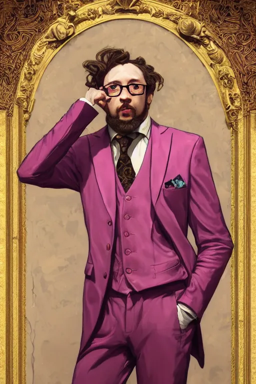 Prompt: Sam Hyde wearing a luxurious pink 3 piece suit, highly detailed, digital painting, artstation, concept art, sharp focus, unreal engine 5, art by  Peter Mohrbacher alex ross and greg rutkowski and alphonse mucha, baroque ornament details, vivid colors, high details, cinematic, 8k resolution, beautiful detailed, photorealistic, digital painting, artstation, concept art, smooth, sharp focus, illustration, fantasy background, artstation trending, octane render, unreal engine