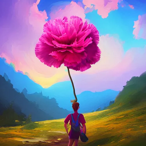 Image similar to giant carnation flower as a head, girl hiking in the mountains, surreal photography, sunrise, dramatic light, impressionist painting, colorful clouds, digital painting, artstation, simon stalenhag