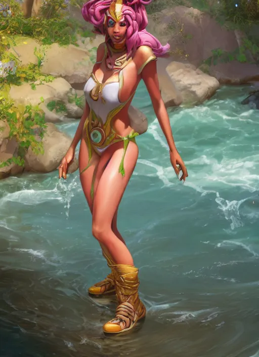 Image similar to qiyana, from league of legends, au naturel, washing in the river, hyper detailed, digital art, trending in artstation, cinematic lighting, studio quality, smooth render, unreal engine 5 rendered, octane rendered, art style by klimt and nixeu and ian sprigger and wlop and krenz cushart