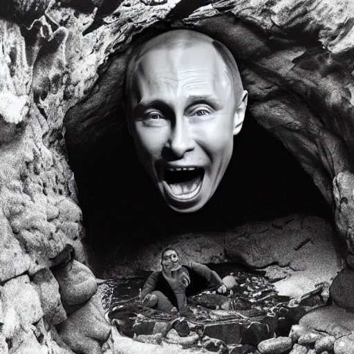 Prompt: photo inside a cavern of a wet reptilian humanoid rapper putin partially hidden behind a rock, with black eyes, open mouth and big teeth