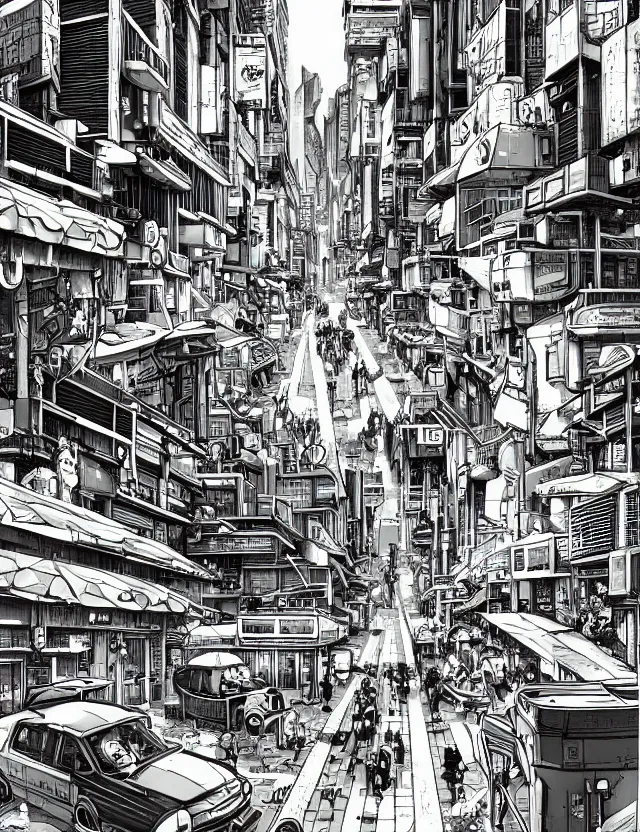 Image similar to a detailed manga illustration of a retro sci - fi city street on an alien world, trending on artstation, digital art, 4 k resolution, detailed, high quality, sharp focus, hq artwork, coherent, insane detail, character portrait