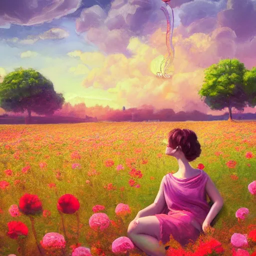 Image similar to giant rose flower head, girl sitting in a flower field, surreal photography, sunrise, dramatic light, impressionist painting, colorful clouds, digital painting, artstation, simon stalenhag