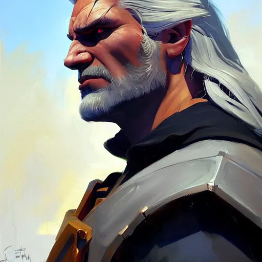 Image similar to Greg Manchess portrait painting of Geralt of Riva as Overwatch character, medium shot, asymmetrical, profile picture, Organic Painting, sunny day, Matte Painting, bold shapes, hard edges, street art, trending on artstation, by Huang Guangjian and Gil Elvgren and Sachin Teng