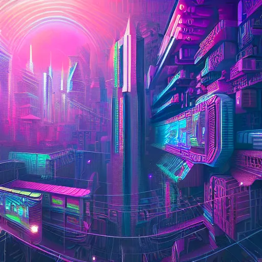 Image similar to matte painting of the sacred geometry of cyberpunk, brilliant colors, extremely detailed, very very detailed, in the style of alena aenami by Alex grey, HD, 4k, 8k