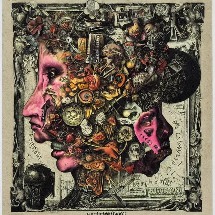 Image similar to post - punk new age album cover, asymmetrical design, dollar bank notes, capitalism, magic, apocalypse, psychedelic, black white pink, highly detailed, magic, giger h. r., giuseppe arcimboldo