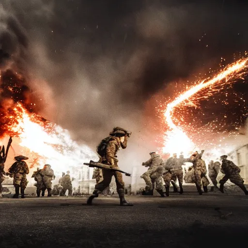 Image similar to world war 2 combat scene in city with explosions, photography style