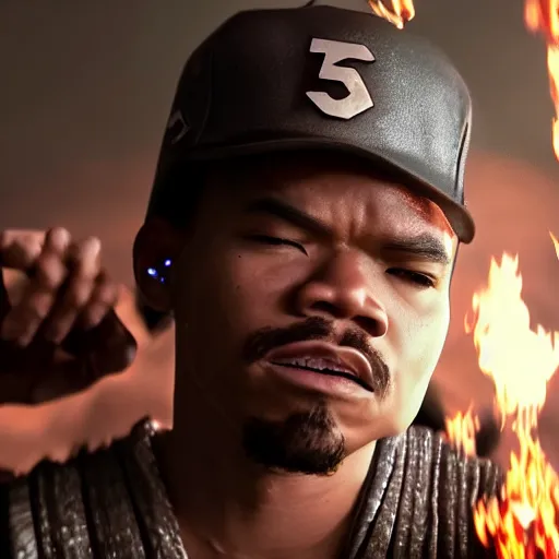 Image similar to cinematic film still of Chance The Rapper starring as a Samurai holding fire, Japanese CGI, VFX, 2022, 40mm lens, shallow depth of field, film photography