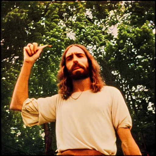 Prompt: jesus as a 7 0 s hippie at woodstock, vintage, 3 5 mm film, nostalgic and euphoric, 4 k, 8 k, photorealistic, film grain