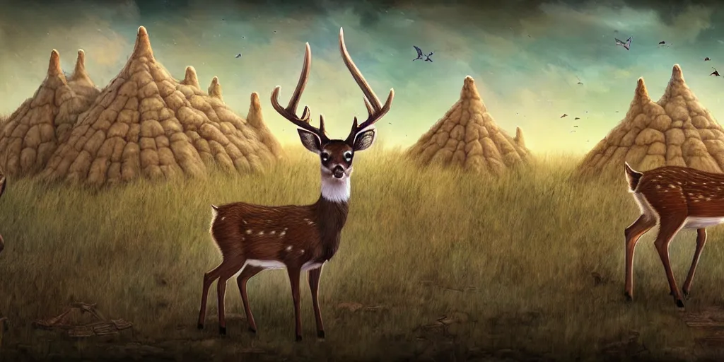 Prompt: a queer deer is visiting a post - apocalyptic town of flower huts in the badlands, matte oil painting, extreme body modification, salt dunes, rust, retrofutistic, science fantasy, rpg, roguelike, epic, plants