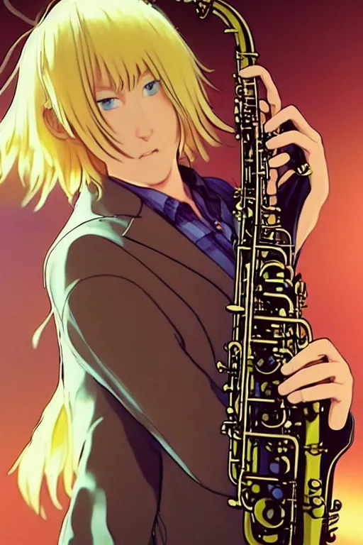 Image similar to wide view of a hippie Blonde Guy Short Hair Sharp fine face playing sax, pretty face, realistic shaded Perfect face, fine details. Anime. by makoto sinkai, katsuhiro otomo ghost in the shell movie scene, magali villeneuve, artgerm, rutkowski