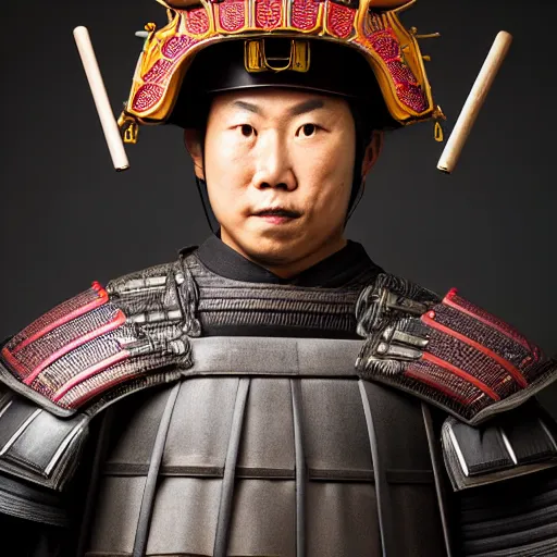 Prompt: a portrait of a samurai with helmet, studio portrait photography