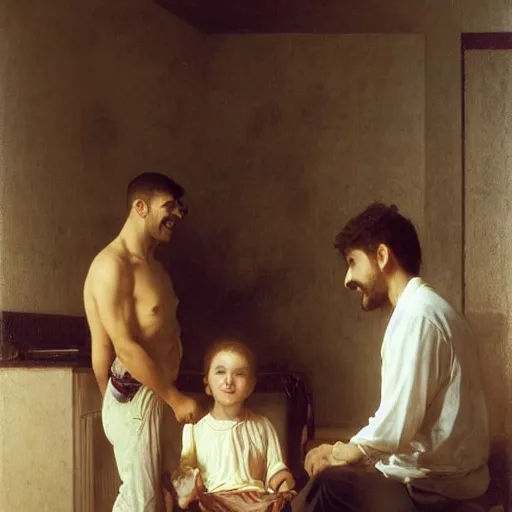 Image similar to a male patient at home with his wife and son standing by. happy, cheerful, smiling, intricate, face enhance, sharp focus, cinematic lighting, featured in artistation, 8 k, art by greg rutkowski, william adolphe bouguereau