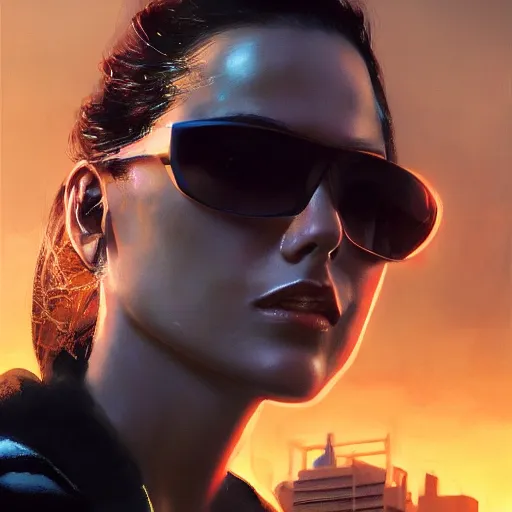 Prompt: a closeup portrait of monica belucci, sunglasses, cyberpunk dramatic light, city background, sunset, high contrast, sharp, painted by stanley lau, painted by greg rutkowski, painted by stanley artgerm, digital art, trending on artstation