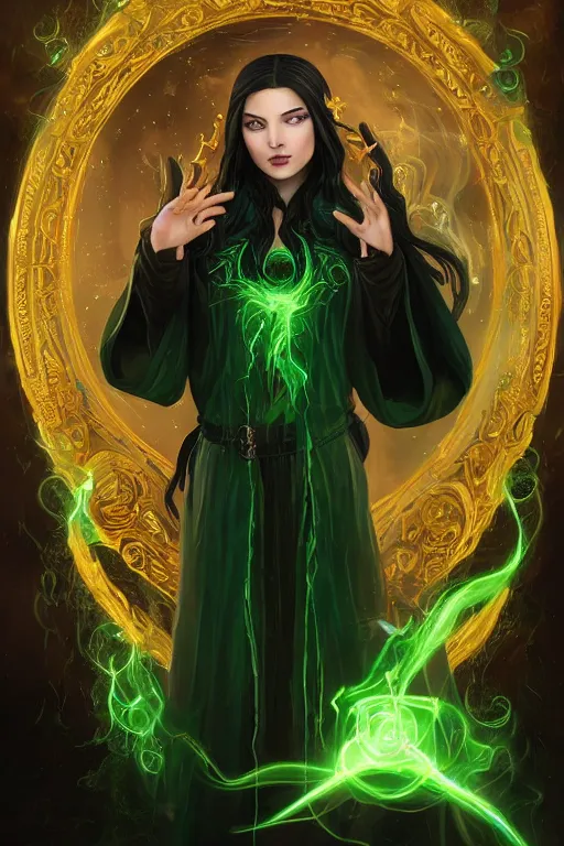 Prompt: a portrait of a youthful attractive girl sorceress wearing a black robe with gold embroidery, casting a spell, green glows, painted by artgerm and tom bagshaw, in the style of magic the gathering, highly detailed digital art