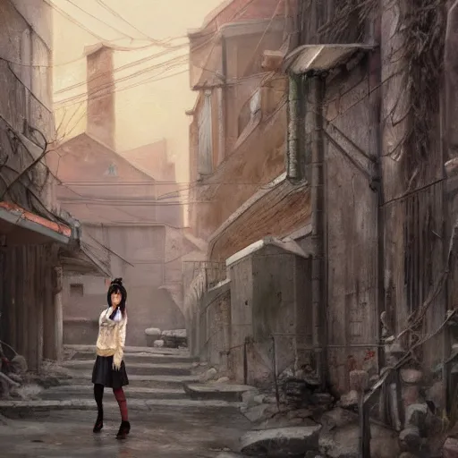 Image similar to a perfect, realistic professional oil painting in ancient Roman style, of a Japanese schoolgirl posing in a dystopian alleyway, close-up, by a professional American senior artist on ArtStation, a high-quality hollywood-style concept