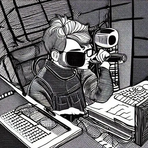 Image similar to an illustration that looks very similar to lo - fi hip hop guy in recording studio