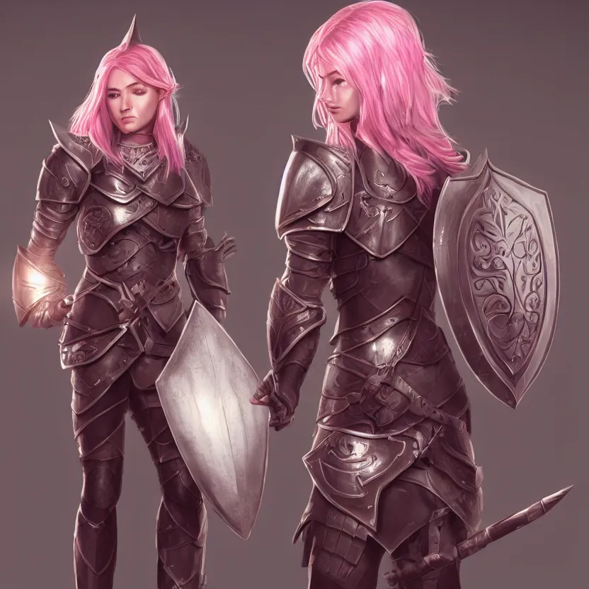 Image similar to beautiful well built pink short haired half elf woman healer wearing cleric armor and holding a shield, dungeons and dragons, character portrait, character design, full rendered illustration, 4 k, 8 k, hyper detailed, back lighting, cinematic lighting, intrinsic detail