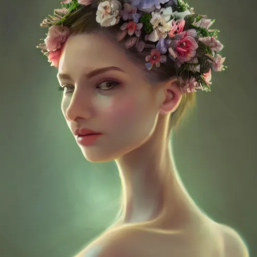 Prompt: character concept portrait of a beautiful woman with pale face, flowers in her hair, intricate, elegant, digital painting, concept art, smooth, focus, rim light