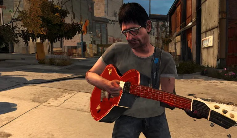 Image similar to steve albini npc carrying a guitar in left 4 dead 2, source engine, gameplay screenshot