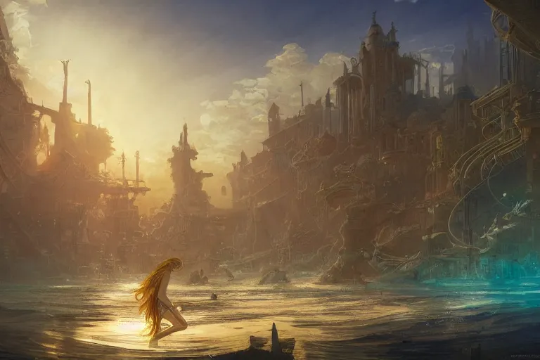 Image similar to a beautiful painting of the lost and abandoned city of Atlantic under water, ray of sunlight, mermaids in distance, Greg Rutkowski, Moebius, Mohrbacher, Mucha, blue and gold color scheme, ultra wide angle, ultra detailed