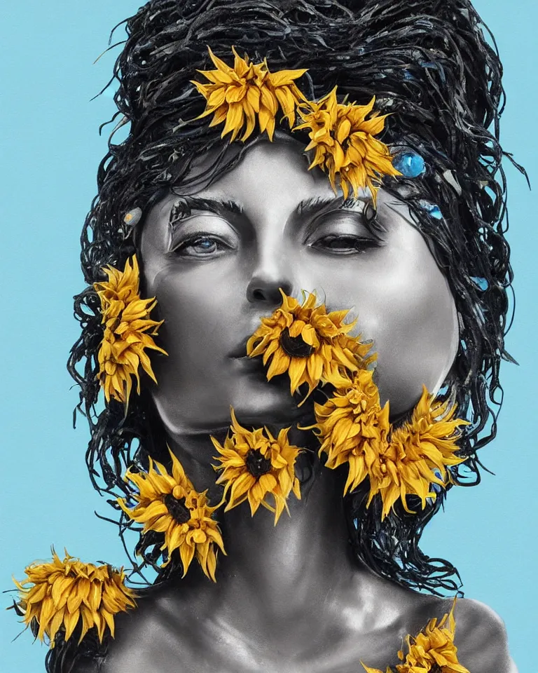 Prompt: symmetrical painting of a fractured black obsidian greek woman statue of a topaz spikes sunflowers lightblue drip acrylic paint fixed with kintsugi, rendered in octane trending on cgsociety. extremely detailed and intricate art