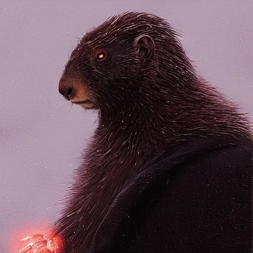 Image similar to portrait of a Marmot in a black cloak,  glowing eyes, detailed face, highly detailed, cinematic lighting, digital art painting by greg rutkowski.