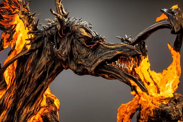 Prompt: photo taken of an epic intricate, ultra detailed, super realistic sculpture of a fiery nightmarish hellish demonic hooded grim reaper's death horse animatronic on display in a workshop, created by weta workshop, zoomed in shots, photorealistic, sharp focus, f 0. 4, face centred, macro photography, golden ratio, golden hour