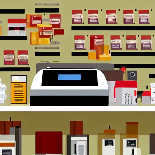 Image similar to cash register in front of a wall of electrical supplies and and food vector art