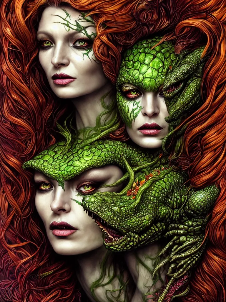 Image similar to cinematic fullbody portrait. complex hyper-maximalist overdetailed cinematic cosmic scifi portrait of an elegant very attractive but wild and dangerous reptilian goddess by andrei riabovitchev, tomasz alen kopera, oleksandra shchaslyva. Omnious intricate. Secessionist portrait illustration. Poison goddes. Slightly Reminds to poison ivy. Focus on face. Artstation. Deviantart. 8k 4k 64megapixel. Rendered by binx.ly.