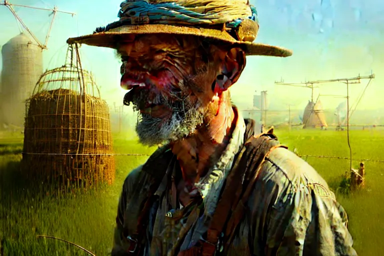 Image similar to A solarpunk very highly detailed farmer with very highly detailed face on the street of a very highly detailed smooth solarpunk city digital rational painting art by Greg Rutkowski, sci-fi highly detailed, digital concept art, Dimensional cyan gold natural light, sharp focus, Golden Ratio illustration, realistic concept art by Stephen Hickman and James Gurney and Hiromasa Ogura Ghost in the Shell rendered in Octane Render, From the distance