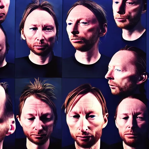 Image similar to versions of variations, hyper realistic, many variations of thom yorke, face variations, various emotions, various poses, high quality, intricate details, beautiful lighting