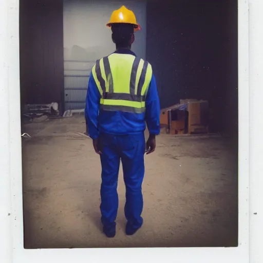 Prompt: a polaroid photo of man walking lazada logistics warehouse, he's wearing blue cloth and construction hat,, photo from behind, highly details, perfect face shape, cinematic lighting,