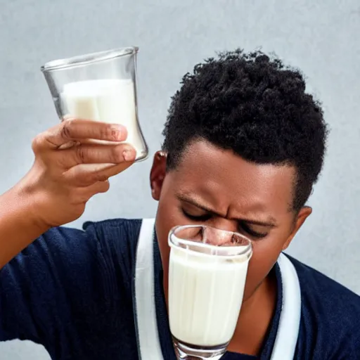 Prompt: person unable to drink milk properly, while spilling it out of their mouth