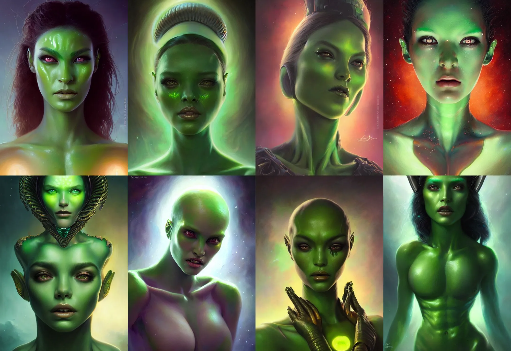 Prompt: a beautiful alien woman with green skin, painted by artgerm and tom bagshaw, fantasy art, dramatic lighting, highly detailed oil painting