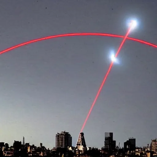 Image similar to ufo throwing laser beams over buenos aires, destroying buildings, people scared and escaping, the sky is red