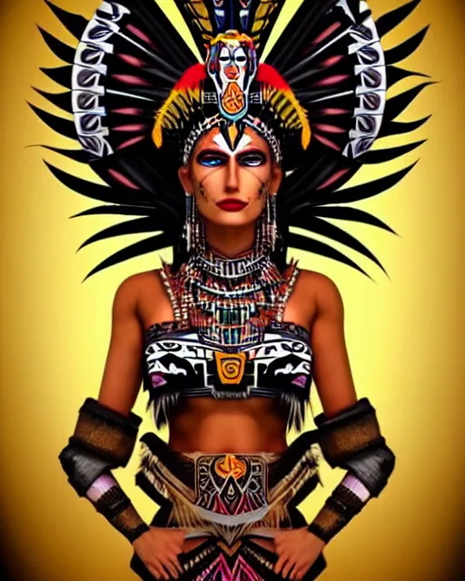 Image similar to character design, aztec warrior goddess with beautiful woman face, crown of very long feathers, full body, glowing aztec tattoos, beautiful, dark fantasy